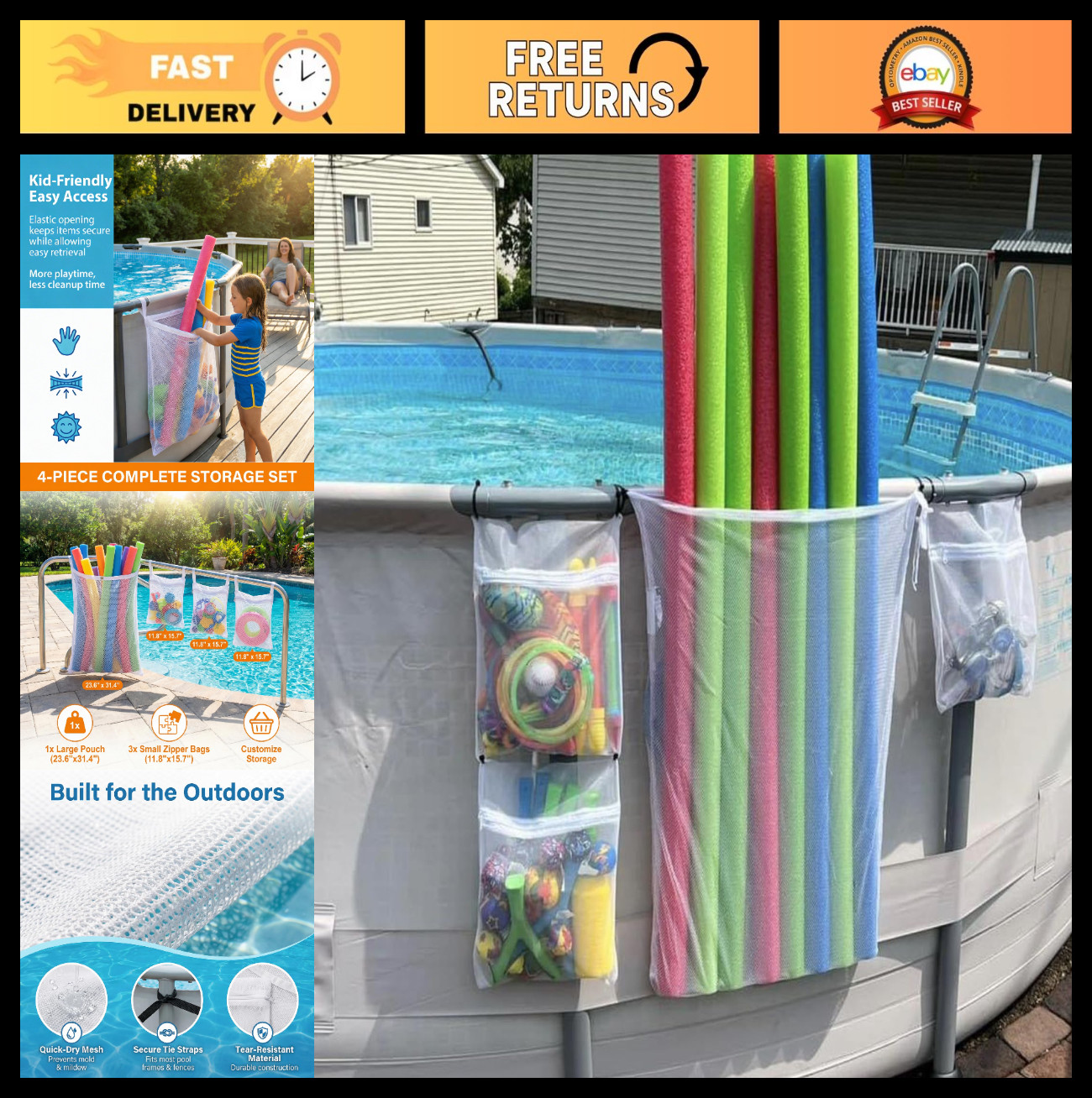 4-Pack Mesh Storage Bags for Toys & Pool Noodles – Organize Swim Gear Stylishly!