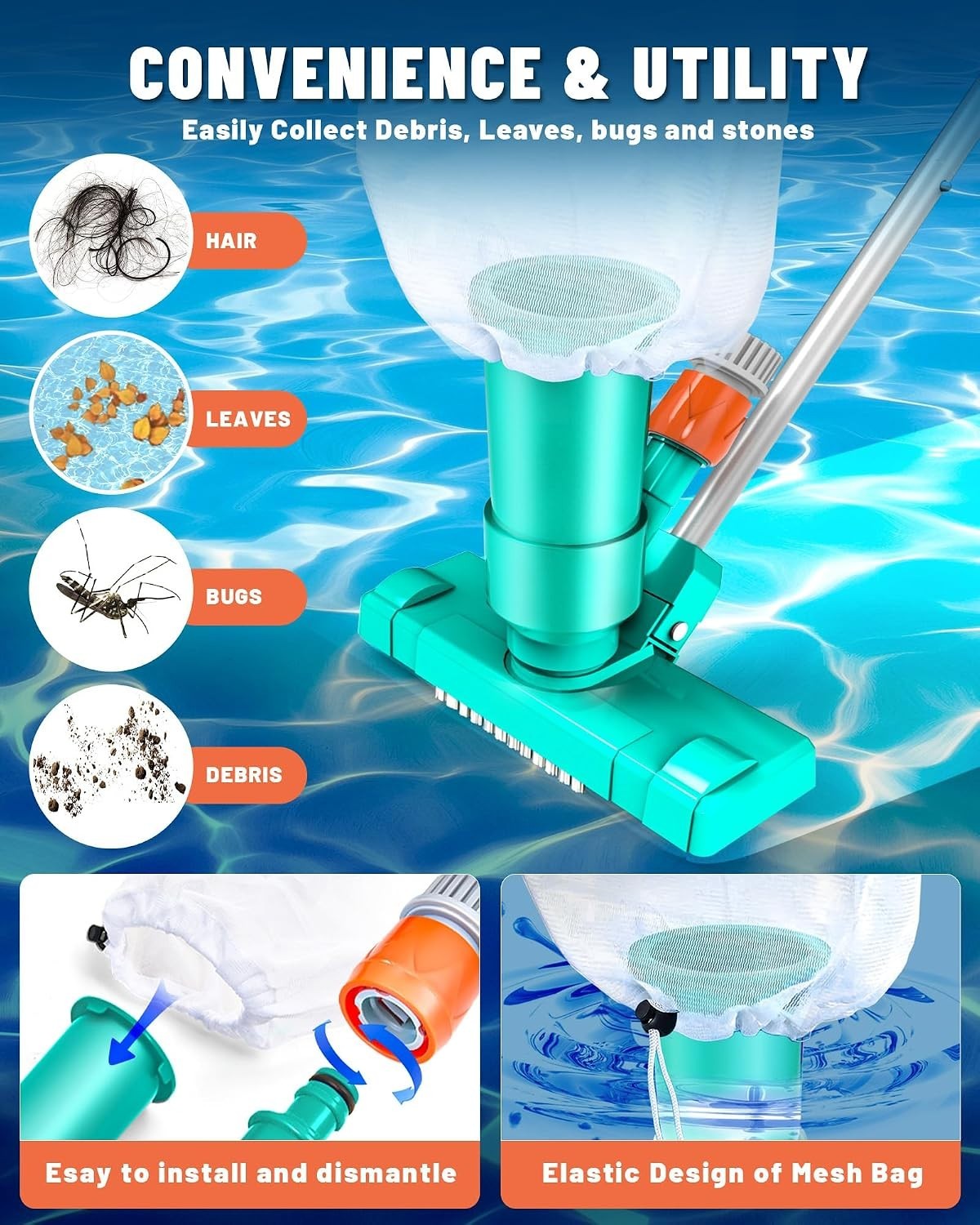 Light Green Manual Pool Vacuum Cleaner for Above Ground & Inground Pools