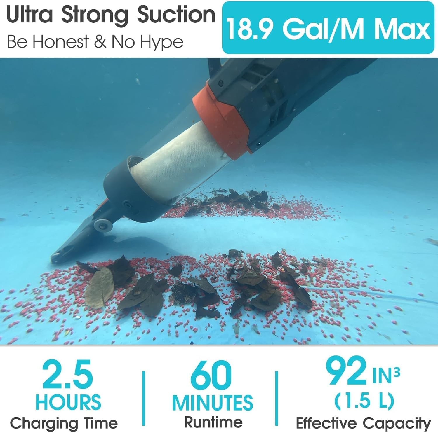 Cordless Pool Vacuum-25 Micron Fluff Ultra Fine Filter, 98inch,True Powerful …
