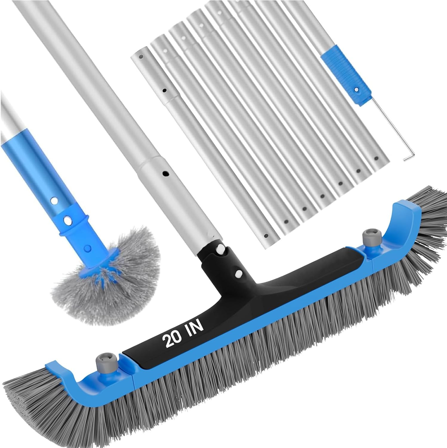 2 in 1 Pool Brush with Poles 10Ft – 20” Heavy Duty Swimming Pool Brush & Multif