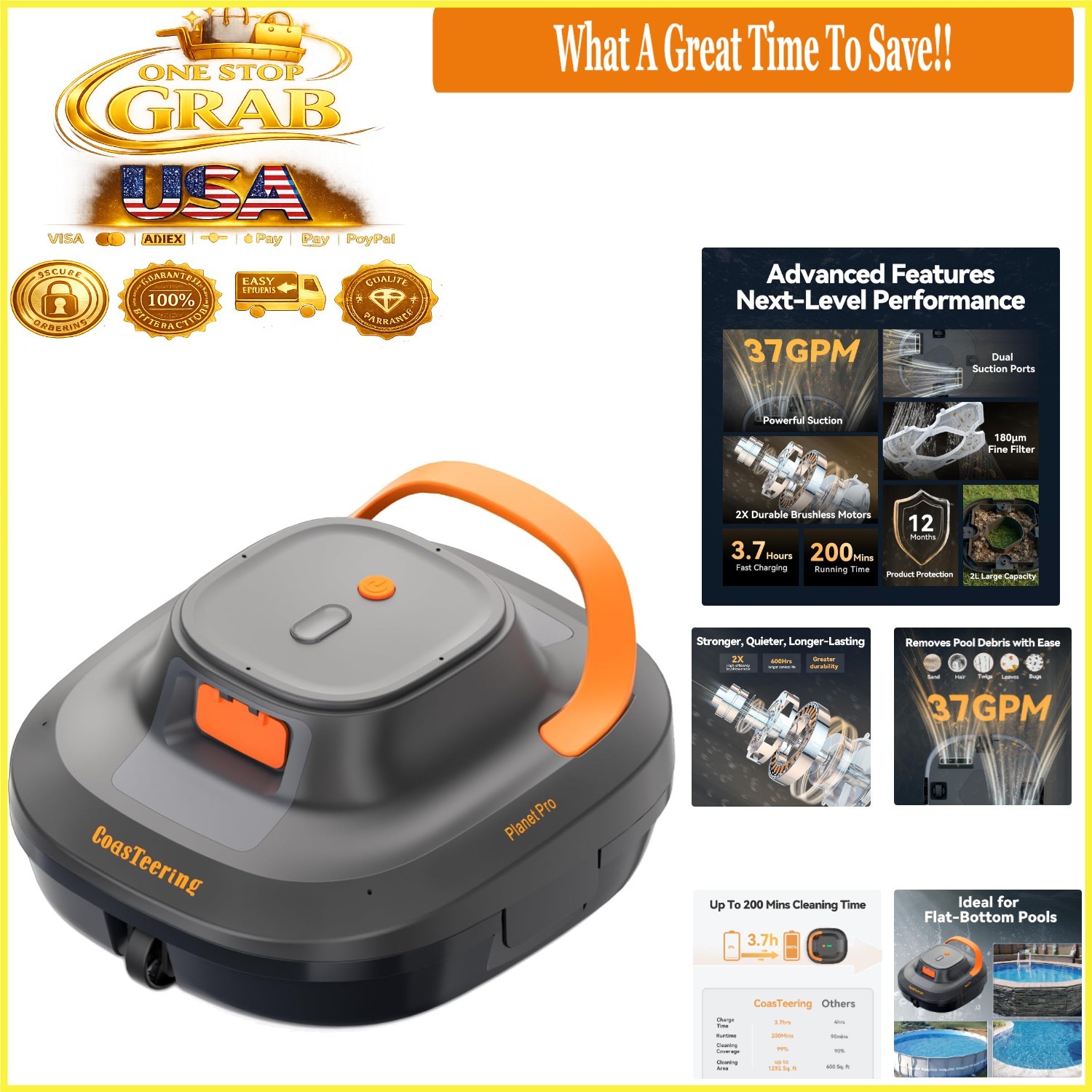 Planet Pro 2026 Cordless Pool Cleaner Dual Brushless Motors 200 Min Battery