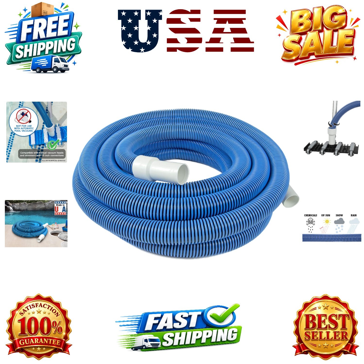 Manual Pool Vacuum Hose, 30 Ft x 1-1/2” for Inground & Above Ground Pools, No…