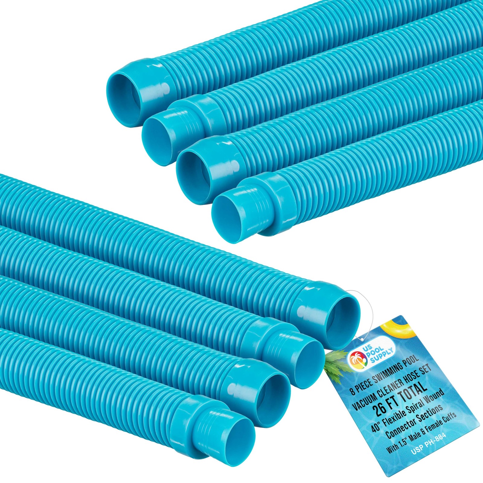 U.S. Pool Supply Vacuum Hose, 8 Piece Hose 1.5 Inch X 40 Inch, Teal