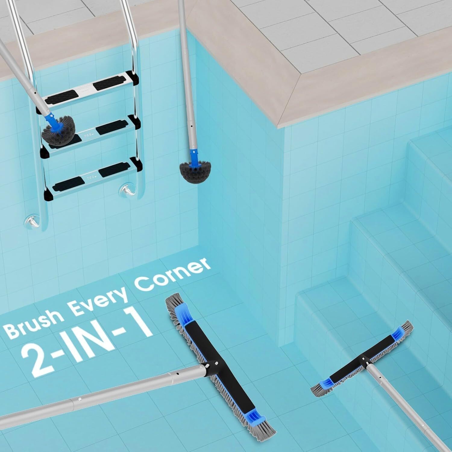 2 in 1 Pool Brush w/ 10 FT Poles 17.5” Heavy Duty Swimming Pool Brush Cleaning