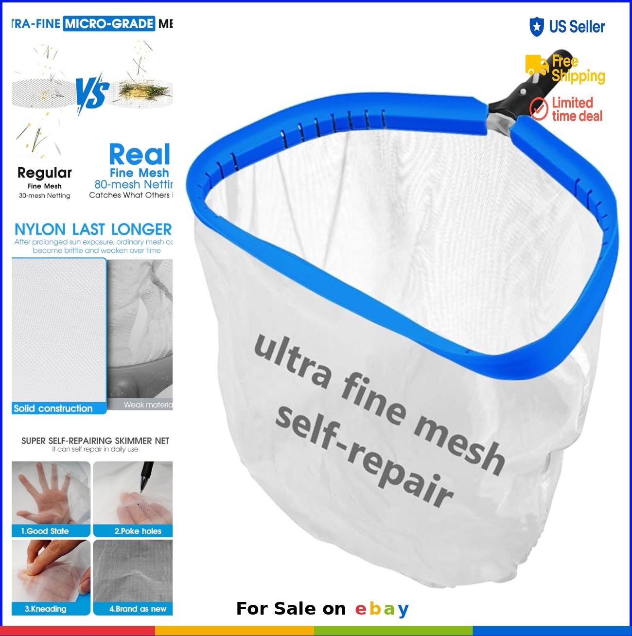 Ultra Fine Mesh Pool Skimmer Net 17.5 Inch Aluminum Frame Rake for Sand Silt