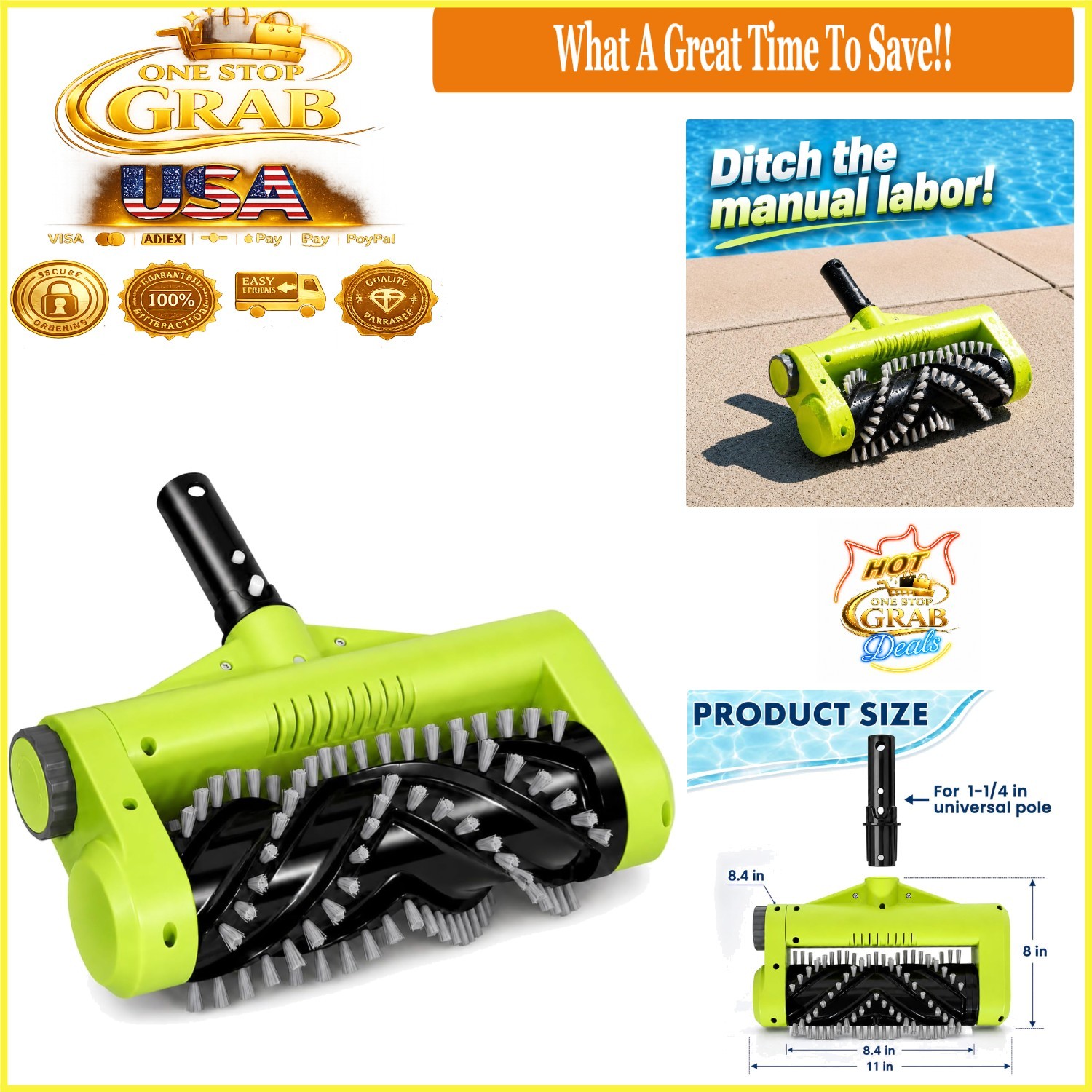 Electric Pool Brush Head Cordless Motorized Waterline Wall Cleaner Green