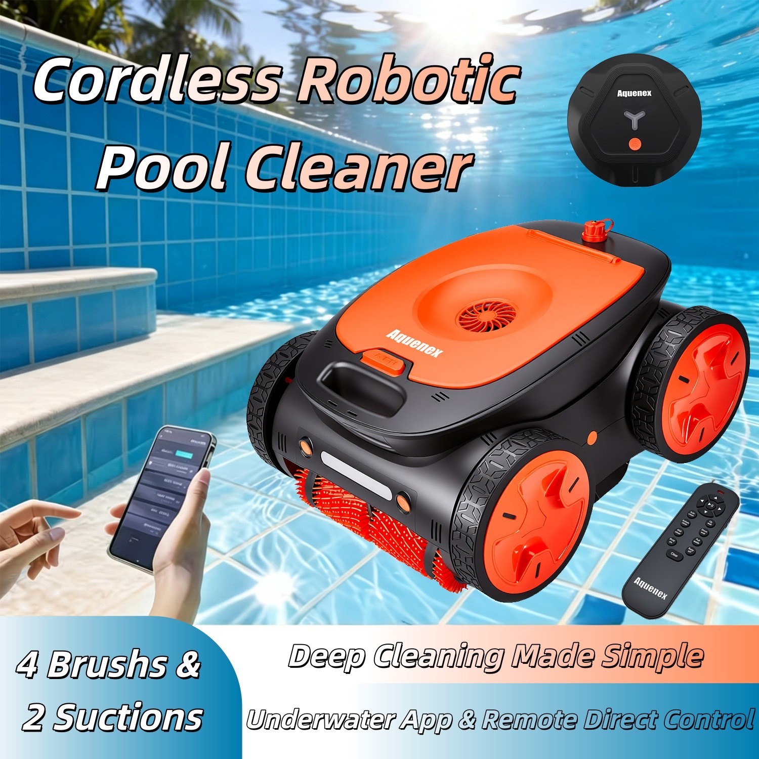 Cordless Pool Robot Cleaner-Floor/Wall/Waterline Cleaning W/App&Remote Control