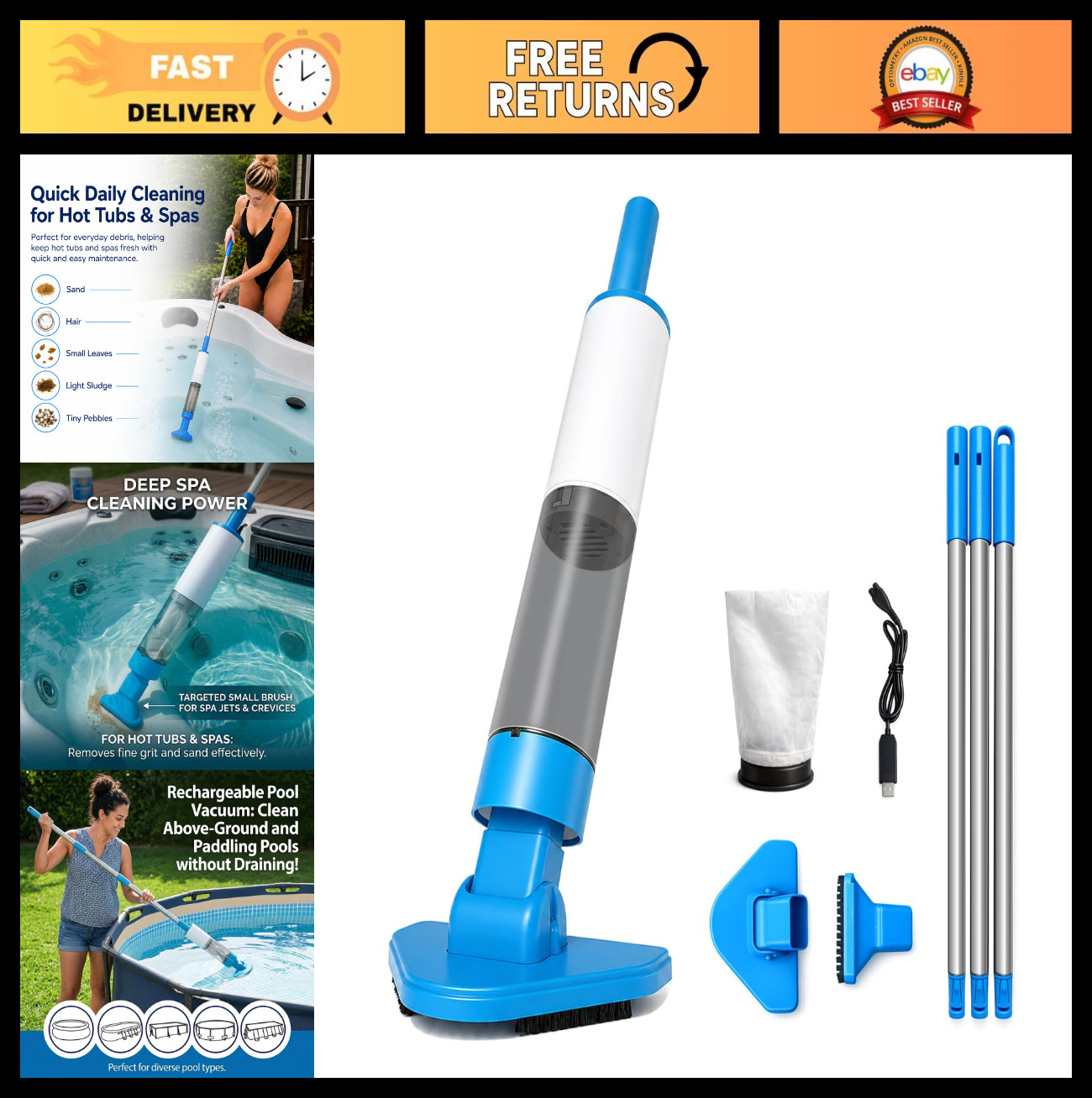 Cordless Handheld Pool Vacuum for Above Ground Pools & Spas, 60 Min Runtime, 91i