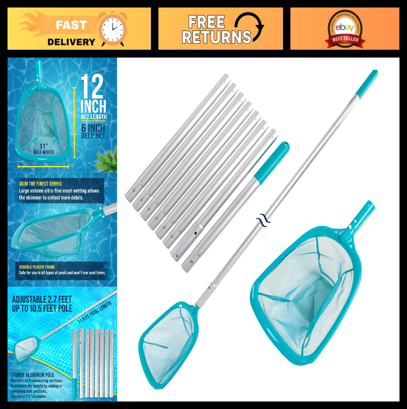 11.5ft Pool Leaf Skimmer Net with Telescopic Pole – Ultra Fine Mesh, Adjustable