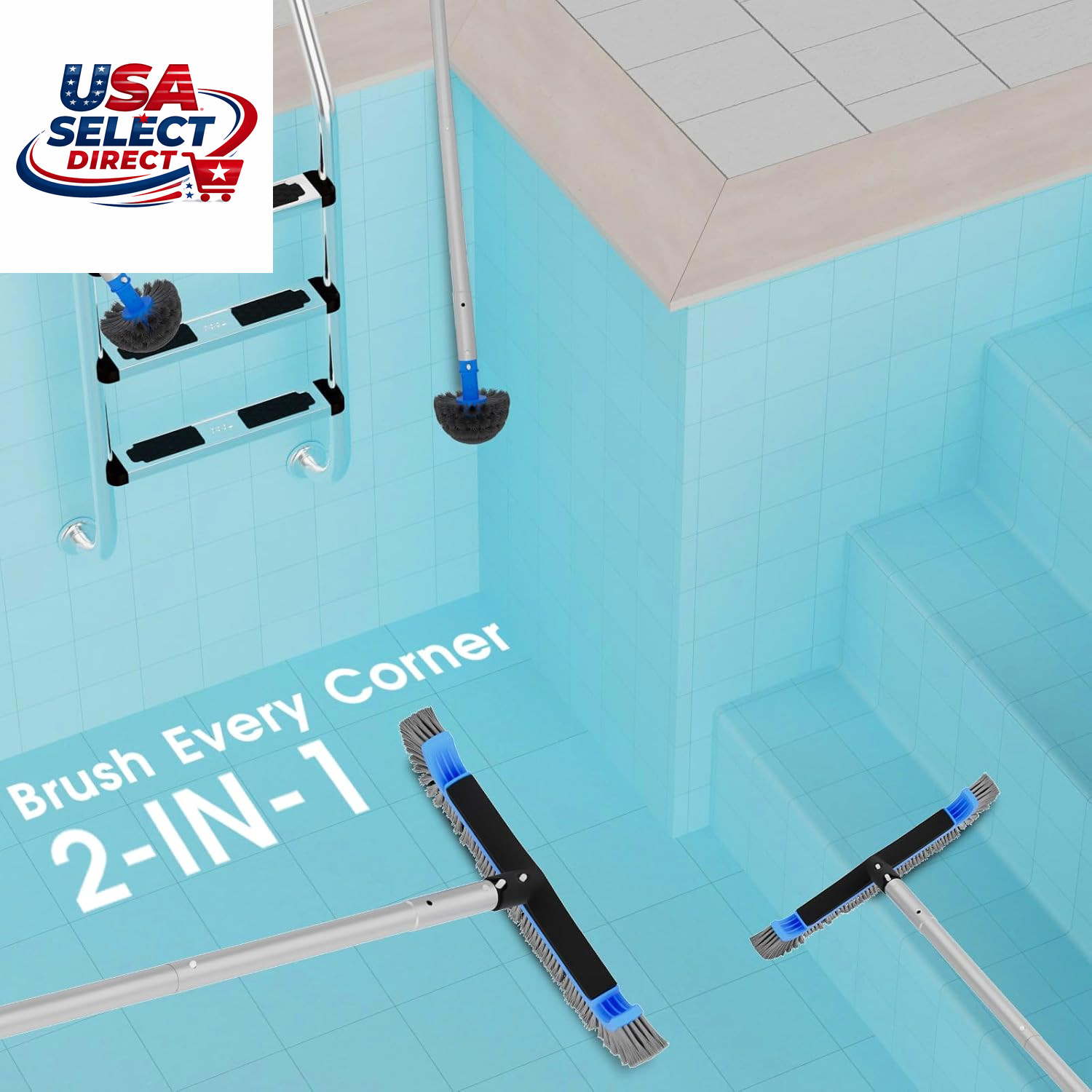 2 in 1 Multifunctional Pool Brush with 10 FT Poles – 17.5” Heavy Duty Swimming