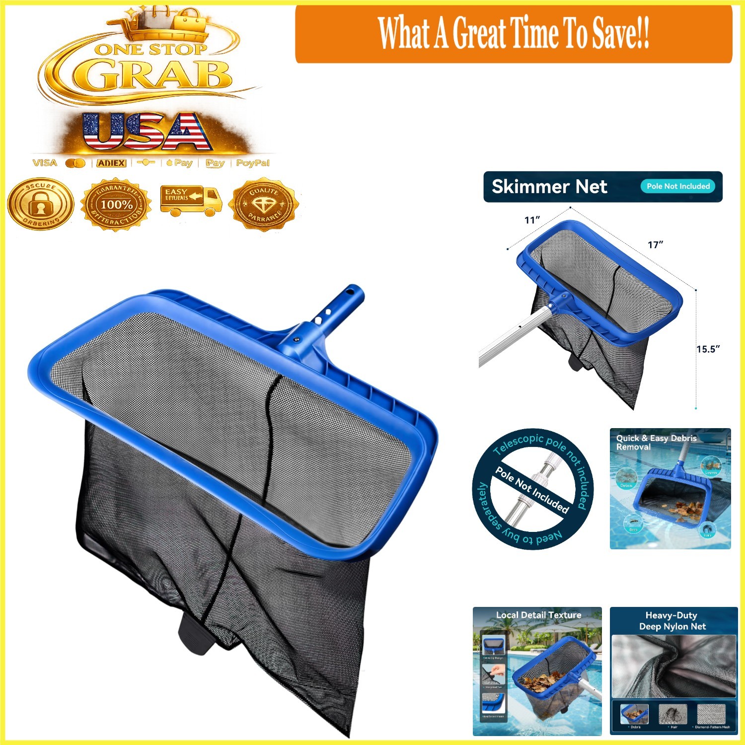 Heavy Duty Pool Skimmer Net with Reinforced Mesh for Inground & Above Ground …