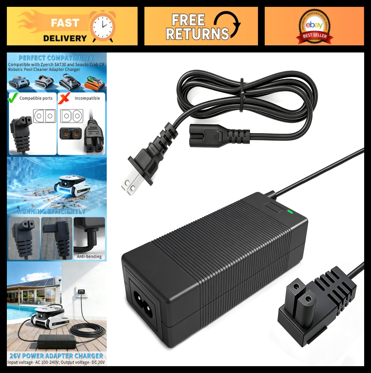 26V Charger for 21.6V Robotic Pool Cleaner, Power Supply Adapter, AC/DC Cord