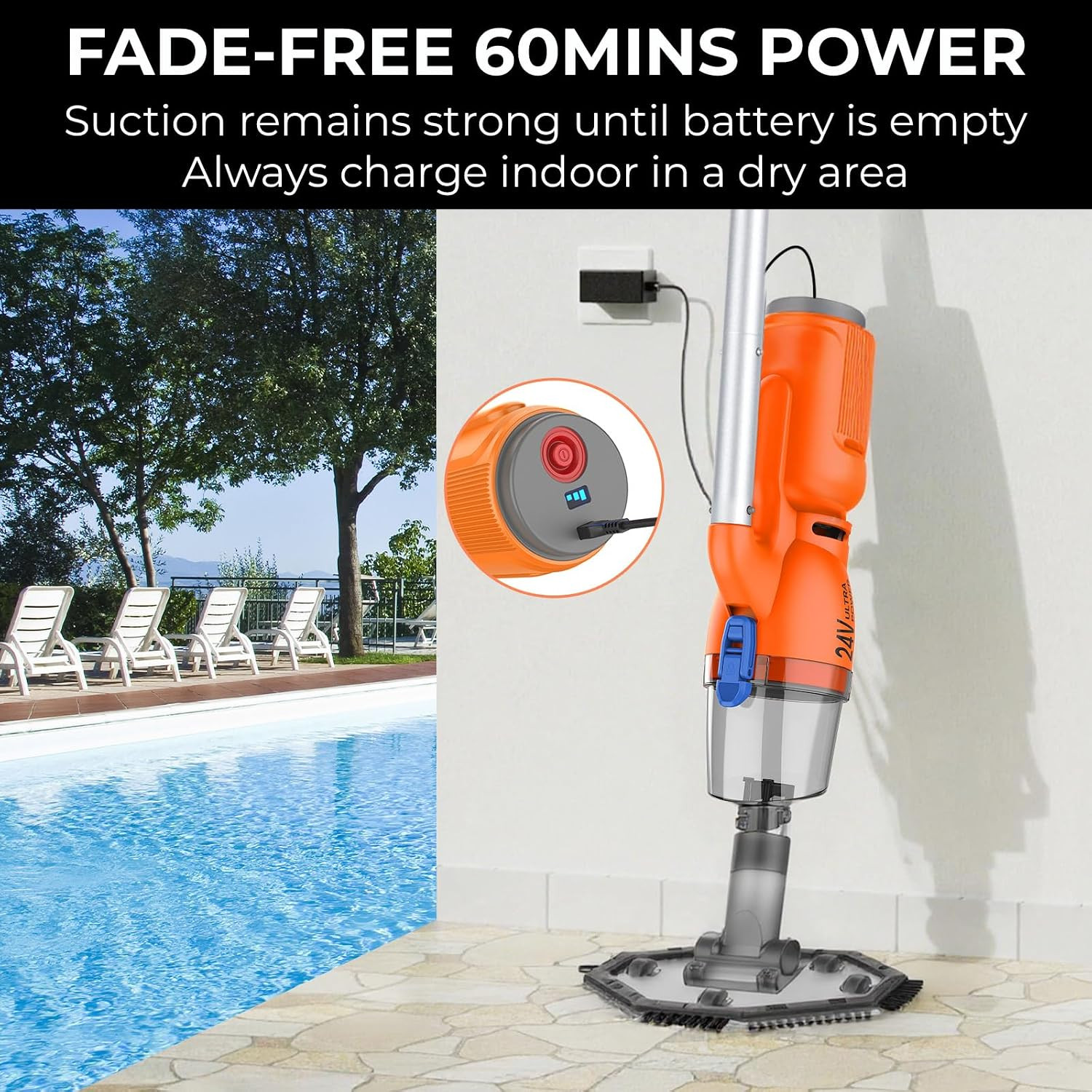 24V Cordless Handheld Pool Vacuum – 43,000Pa Hyper Suction, 3-Stage 3D Fiber Bal