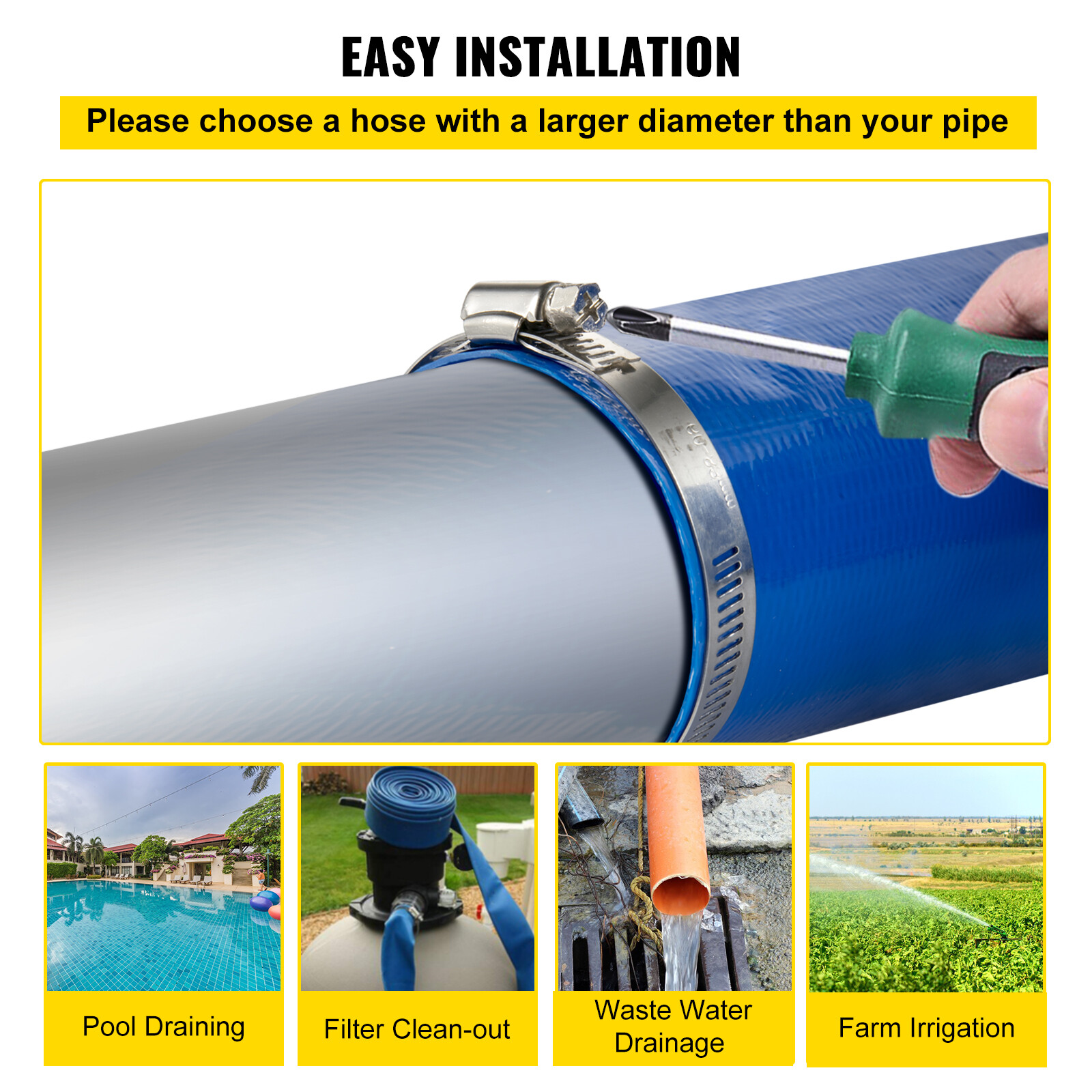 VEVOR Discharge Hose 2″x 105′ PVC Lay Flat Hose Backwash Drain Hose w/ Clamp