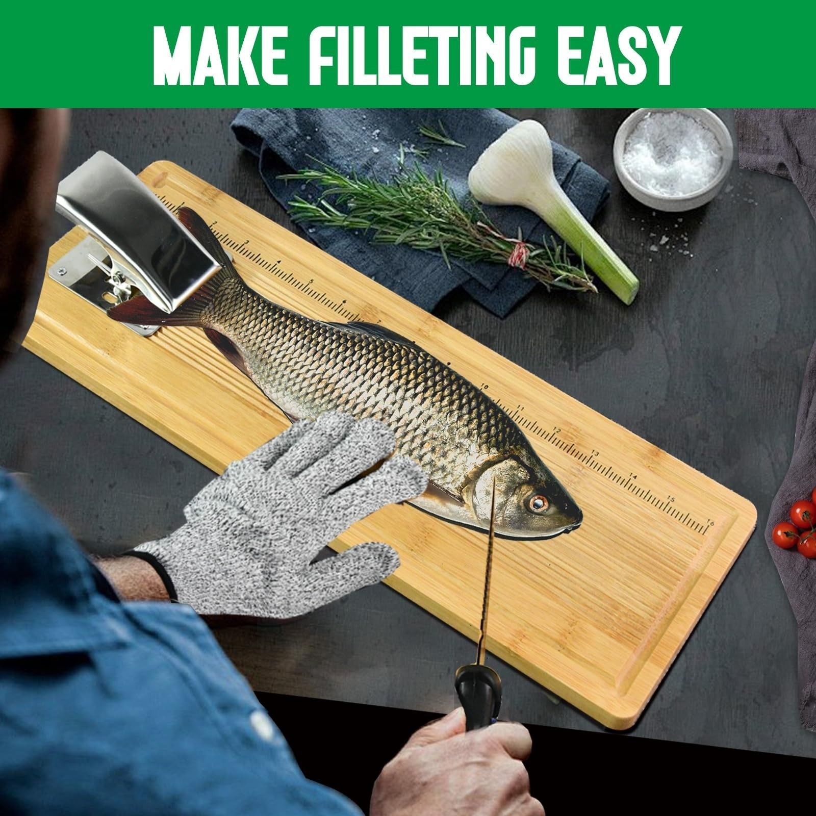 MAVOTER Bamboo Fish Cleaning Board with Clamp | Portable Fillet Tool