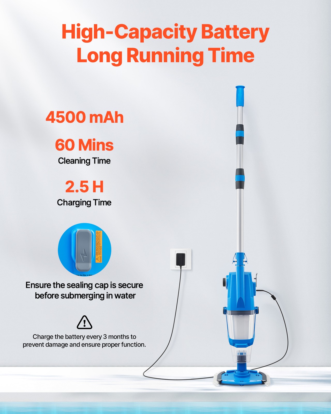 VEVOR Pool Vacuum 26 GPM Rechargeable Pool Cleaner Max. 1H with Extension Pole