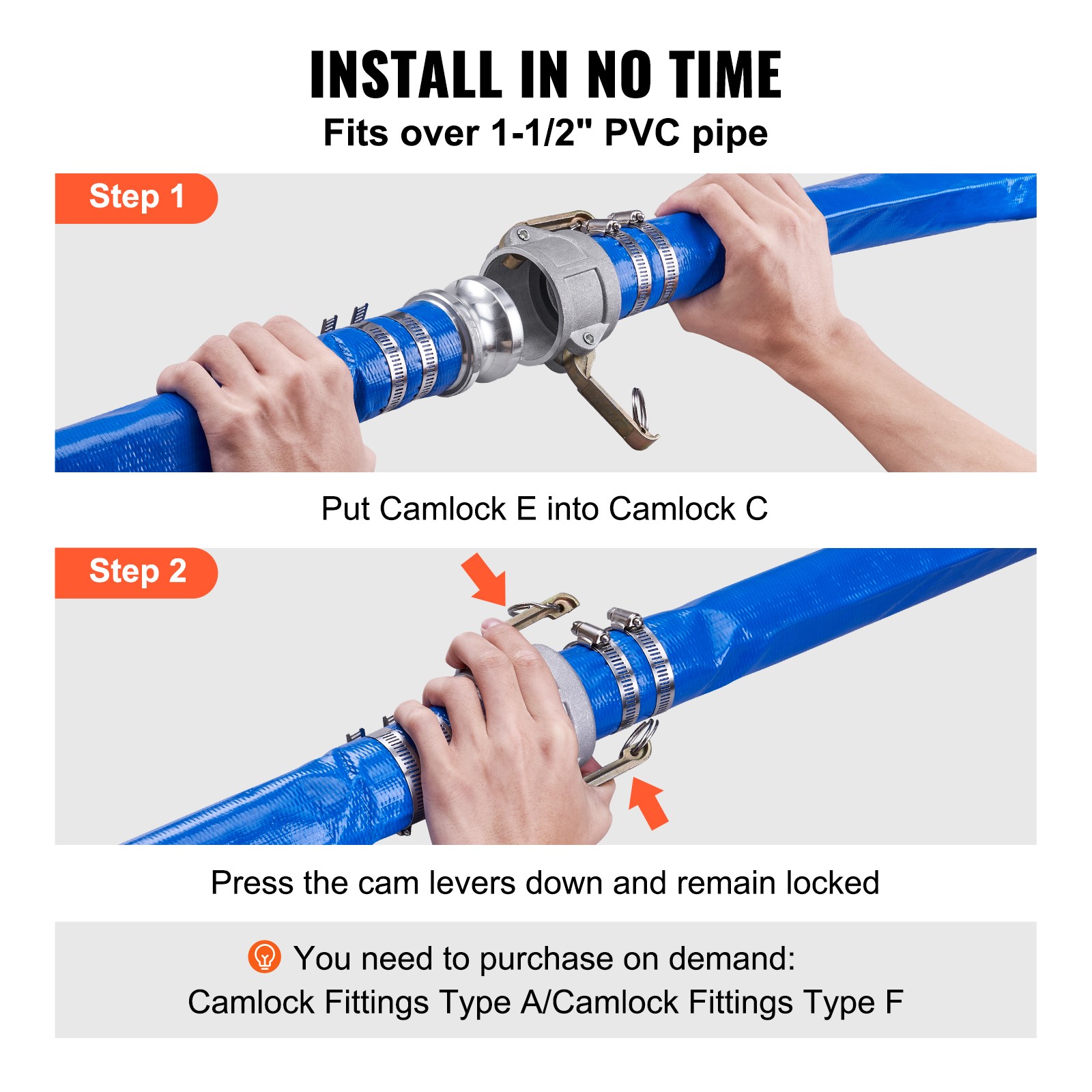 VEVOR Backwash Hose PVC Discharge Hose 2 in x 50 ft with Camlock C & E Fittings