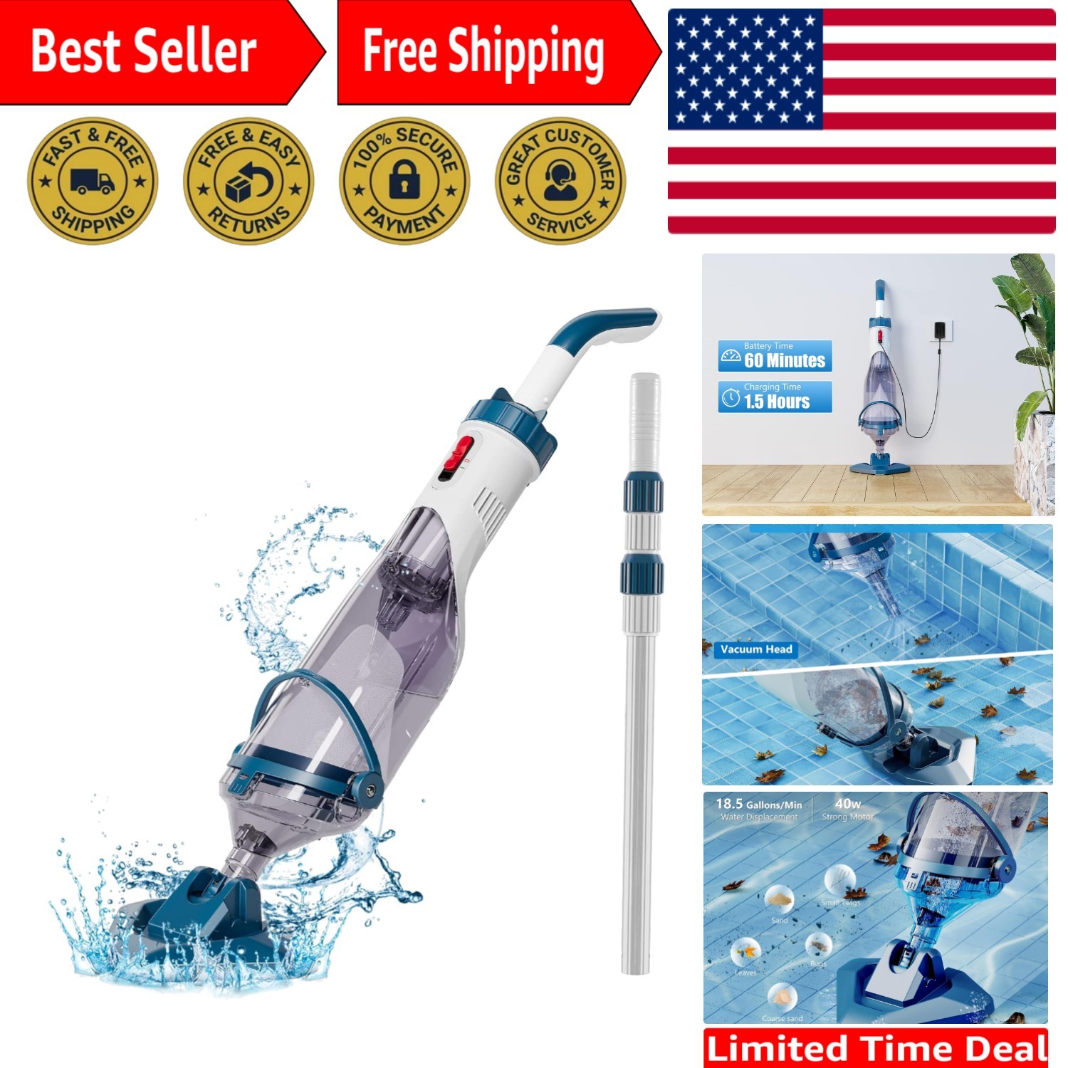 Efficient Handheld Pool Vacuum Cleaner – Lightweight & 1 Hour Runtime