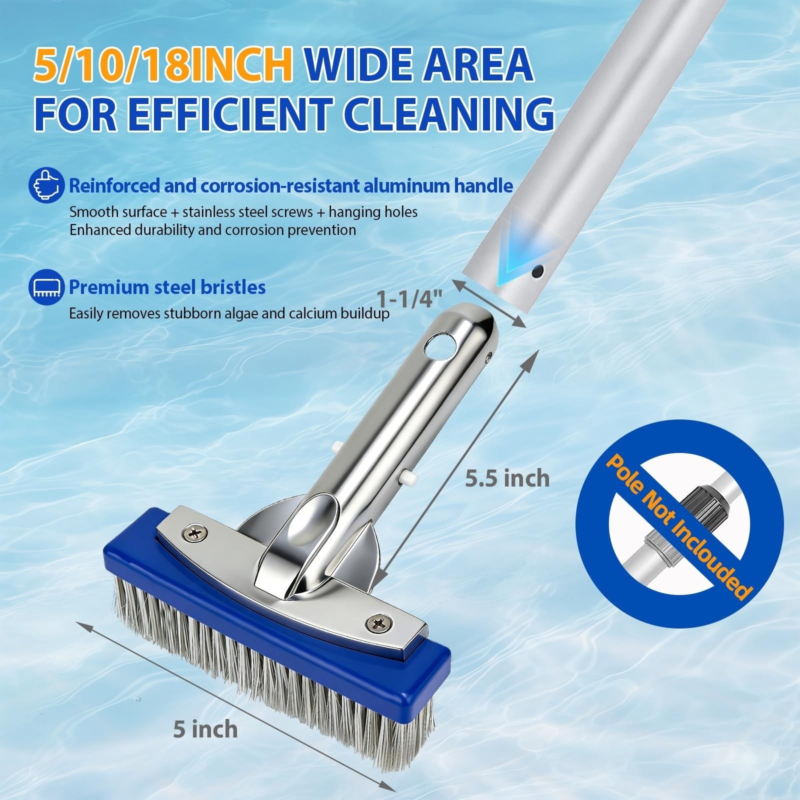 5-Inch Pool Brush Head – Heavy Duty Nylon & Stainless Steel Bristles