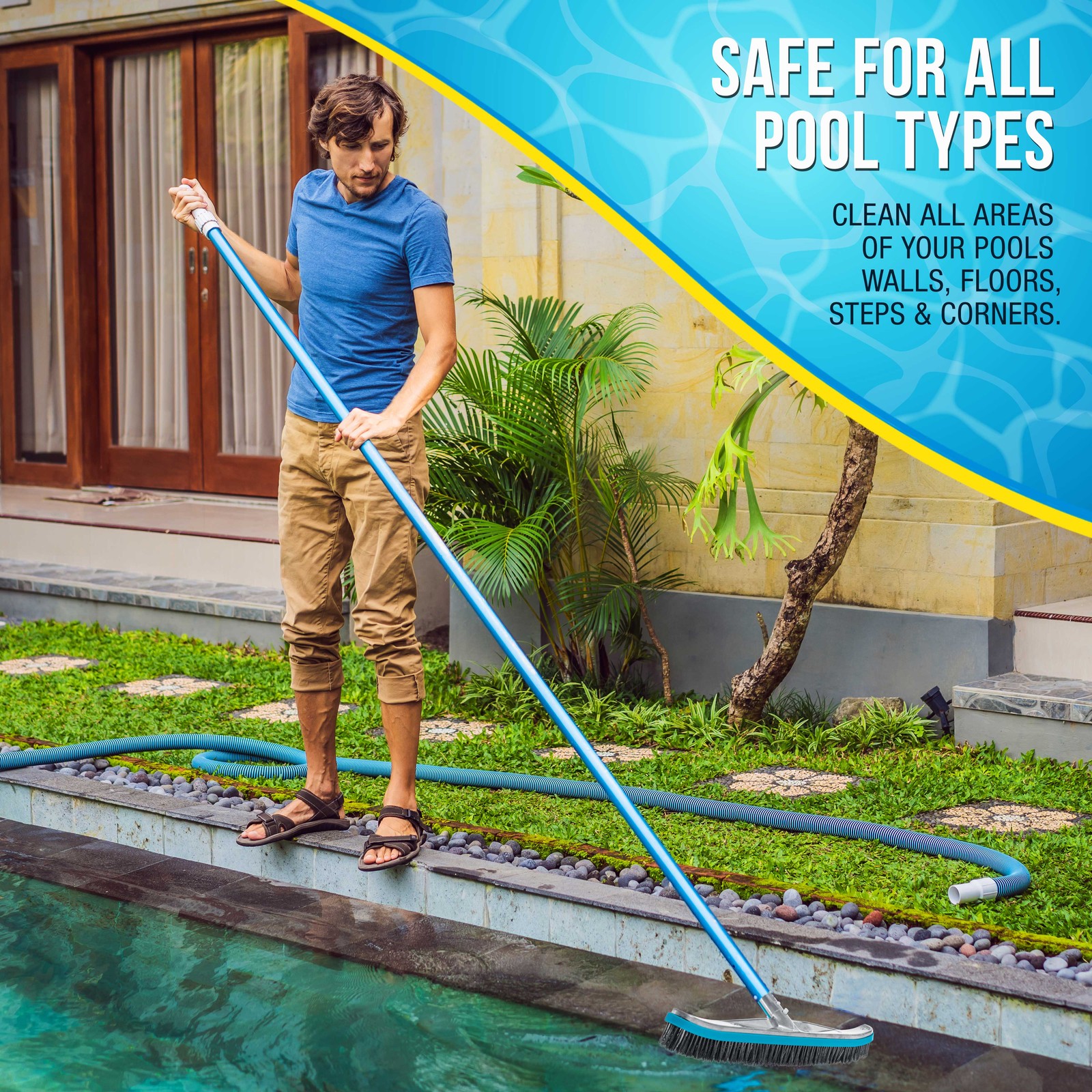 18″ Stainless Steel Pool Brush with Aluminum Handle, EZ Clips – Durable Bristles