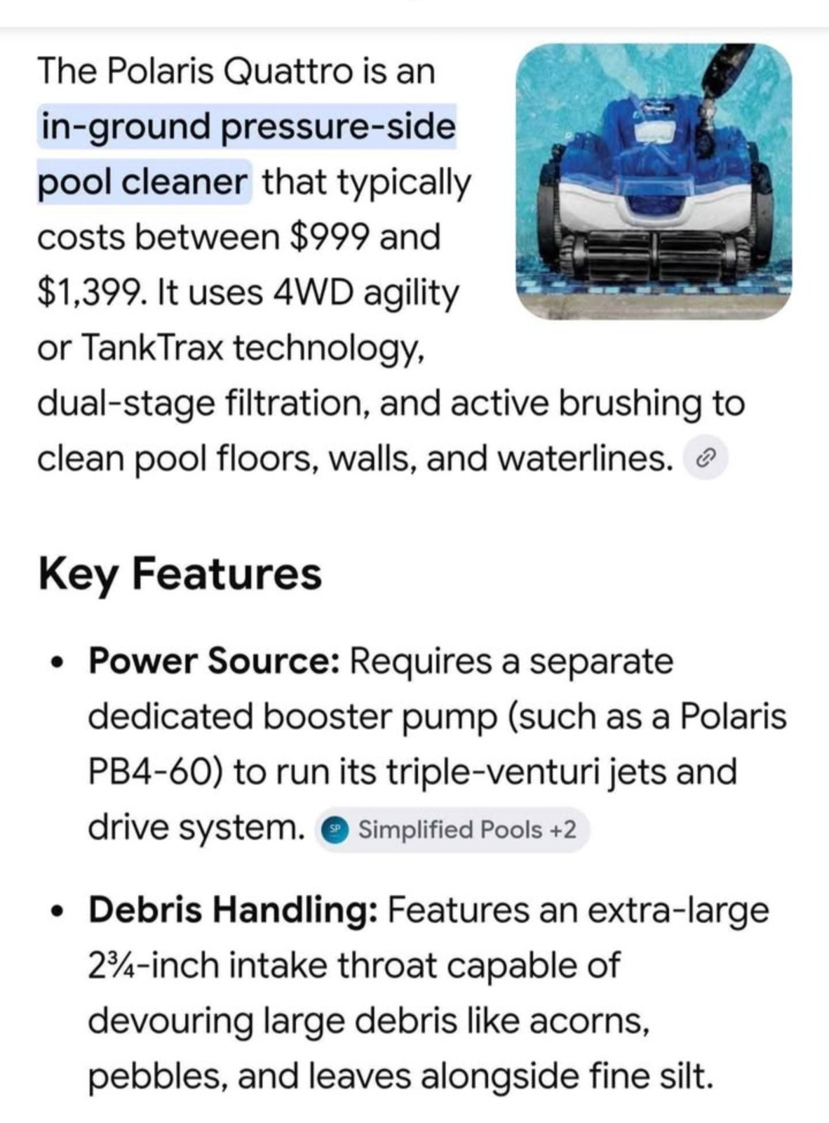 Polaris Quattro Robotic Pool Cleaner F4TR Quattro Sport Pressure-Side Vacuum