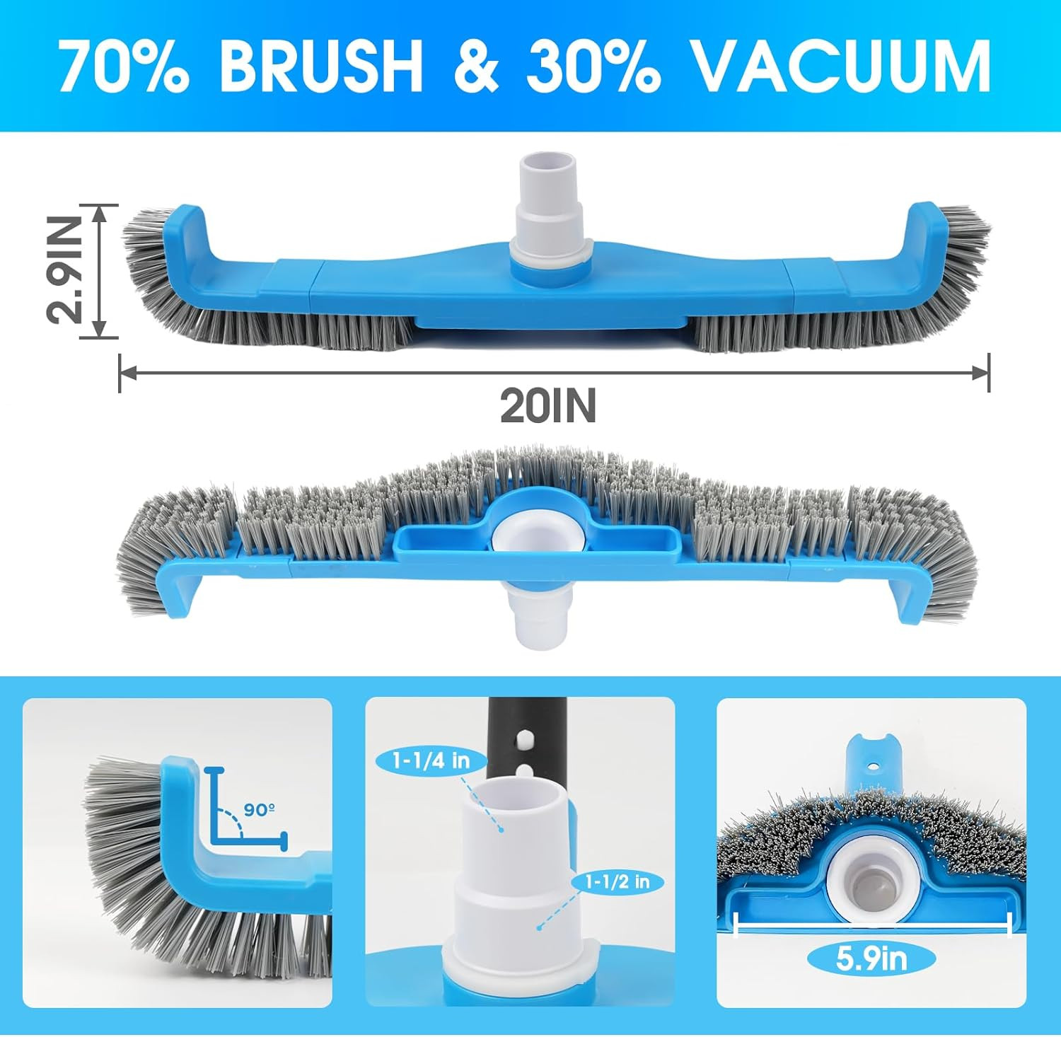 (2026 Upgraded) 20″ 2 in 1 Pool Brush Vacuum Head with Swivel Hose Connection &