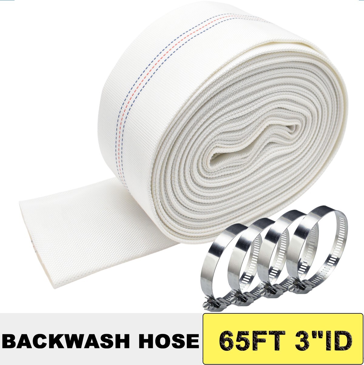 Water Discharge Backwash Pool Hose 3″ in inch x 65 FT Lay-Flat Drain Pump White