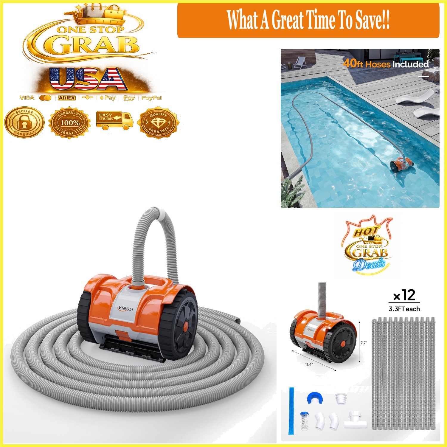 2025 Pool Vacuum Cleaner Suction Side Wall-Climber 39.6ft Hose Orange Grey