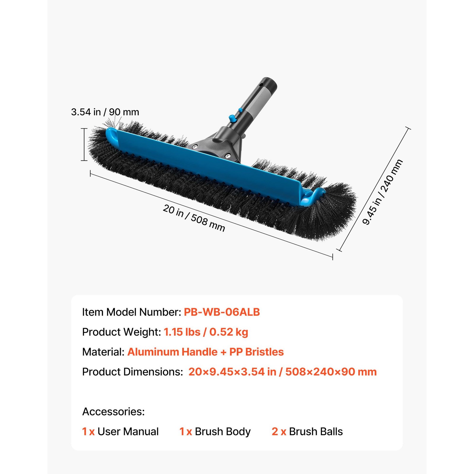 20in Pool Brush with 1¼in Universal Fit, Curved Edges Nylon Bristles