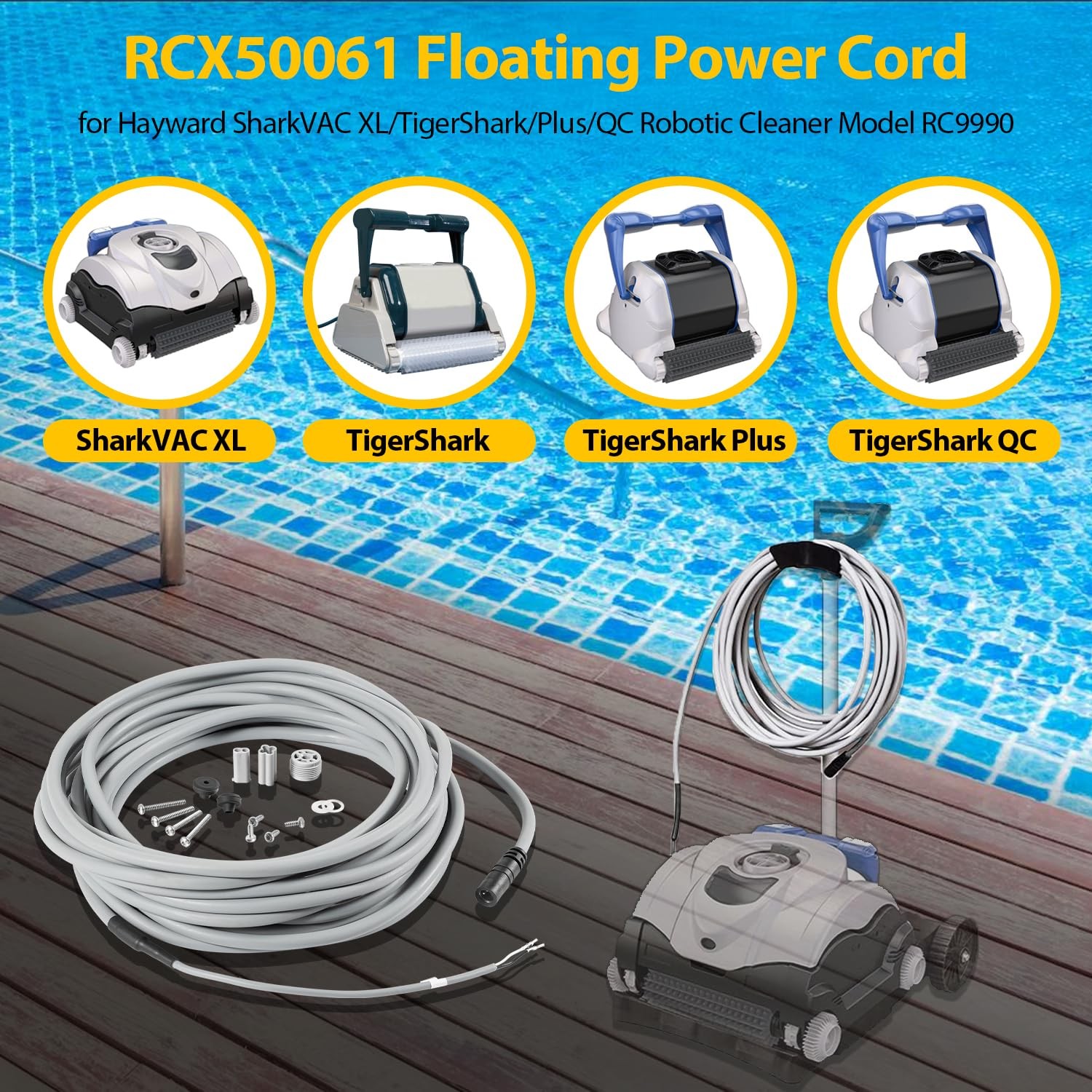 55ft Floating Power Cord RCX50061 for Tigershark Tiger shark QC Robotic Cleaner