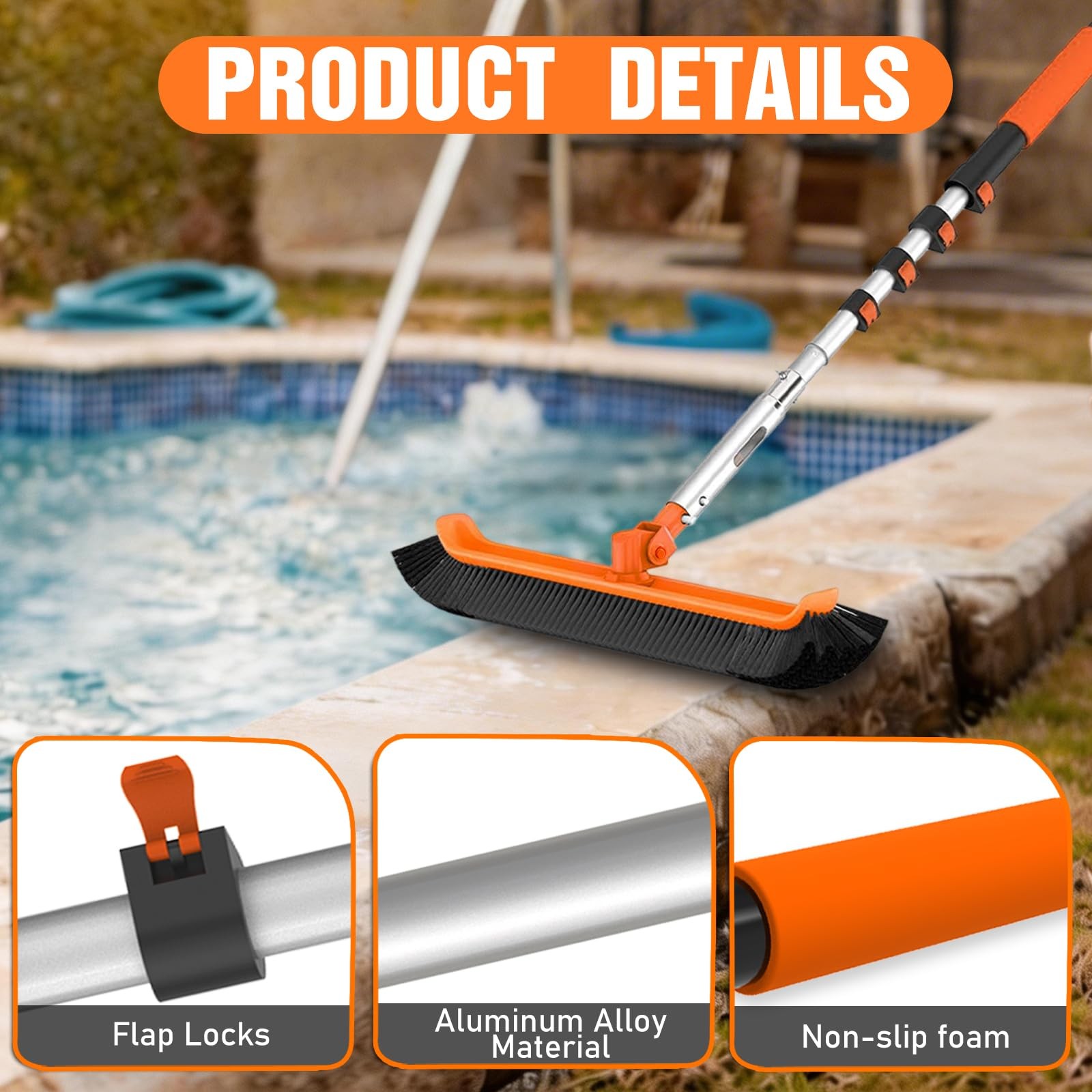 Pool Brush with Pole, 16FT Heavy Duty Telescopic Pool Pole with 18″ Pool Brush,