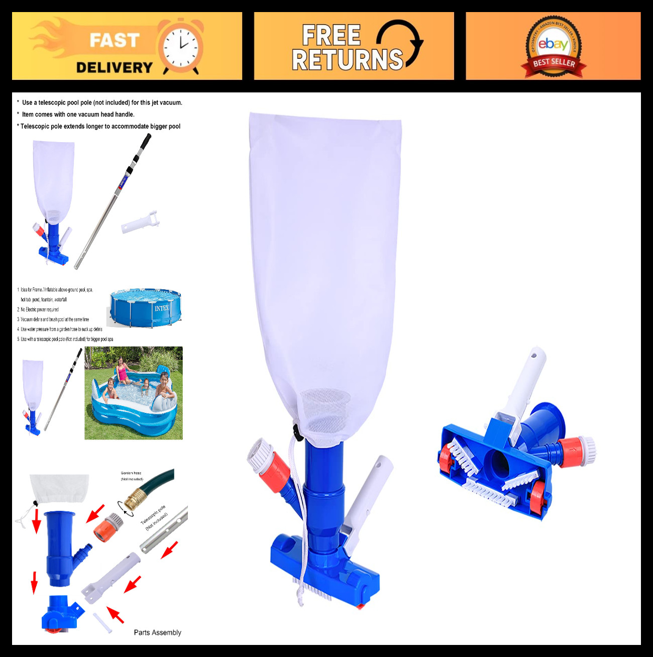 Pool Spa Jet Vacuum Cleaner with Brush for Above Ground & Inflatable Pools, Hot