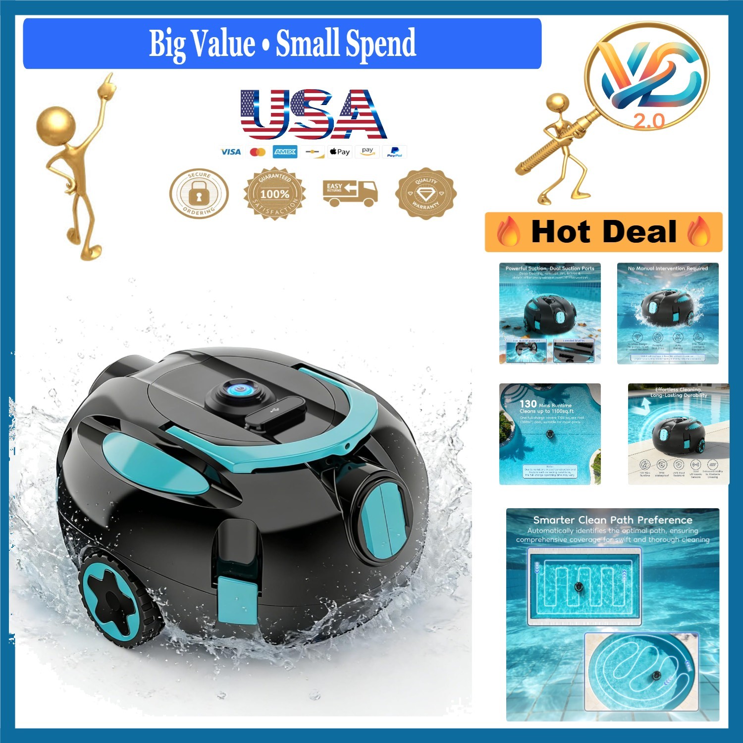 Cordless Robotic Pool Cleaner Dual Suction 130-Min Battery Lightweight