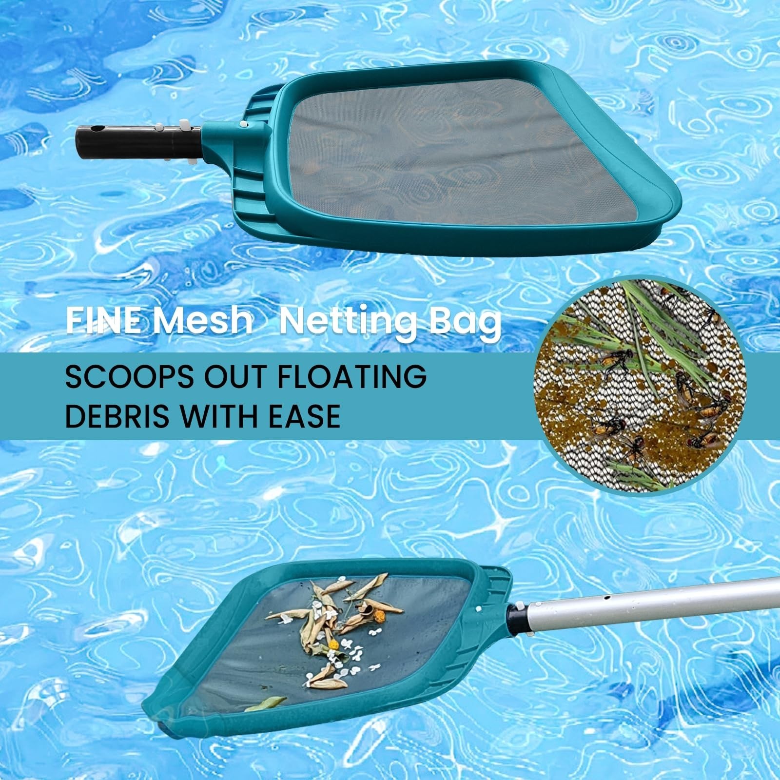 Economy Pool Cleaning Kit – Fine Mesh Rake, Leaf Skimmer & Rotatable Brush Head